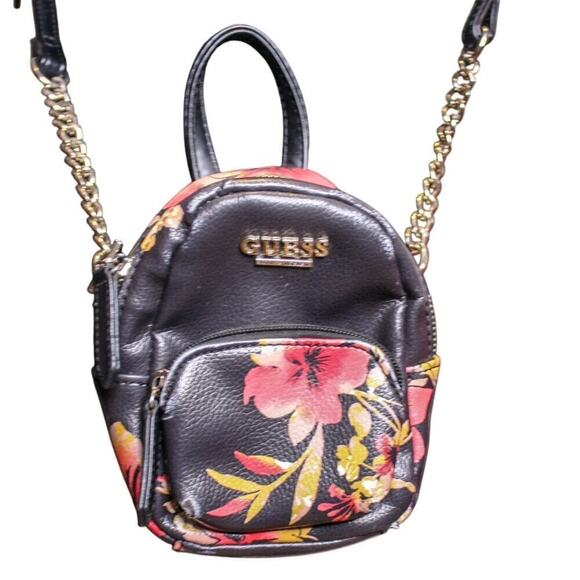 Guess Handbags - Guess Tiny Backpack Crossbody Strap Purse Floral Faux Leather Black